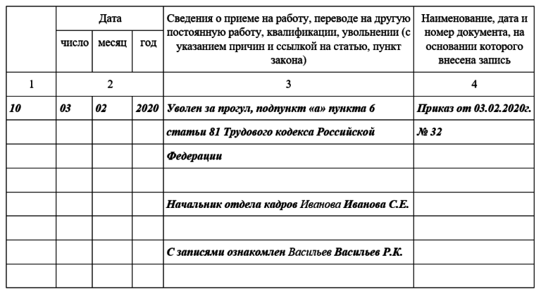 Образец заполнения трудовой книжки ворд